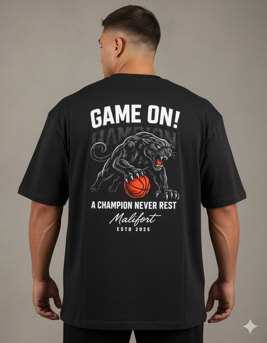 Person wearing a black t-shirt with a panther graphic and text on the back